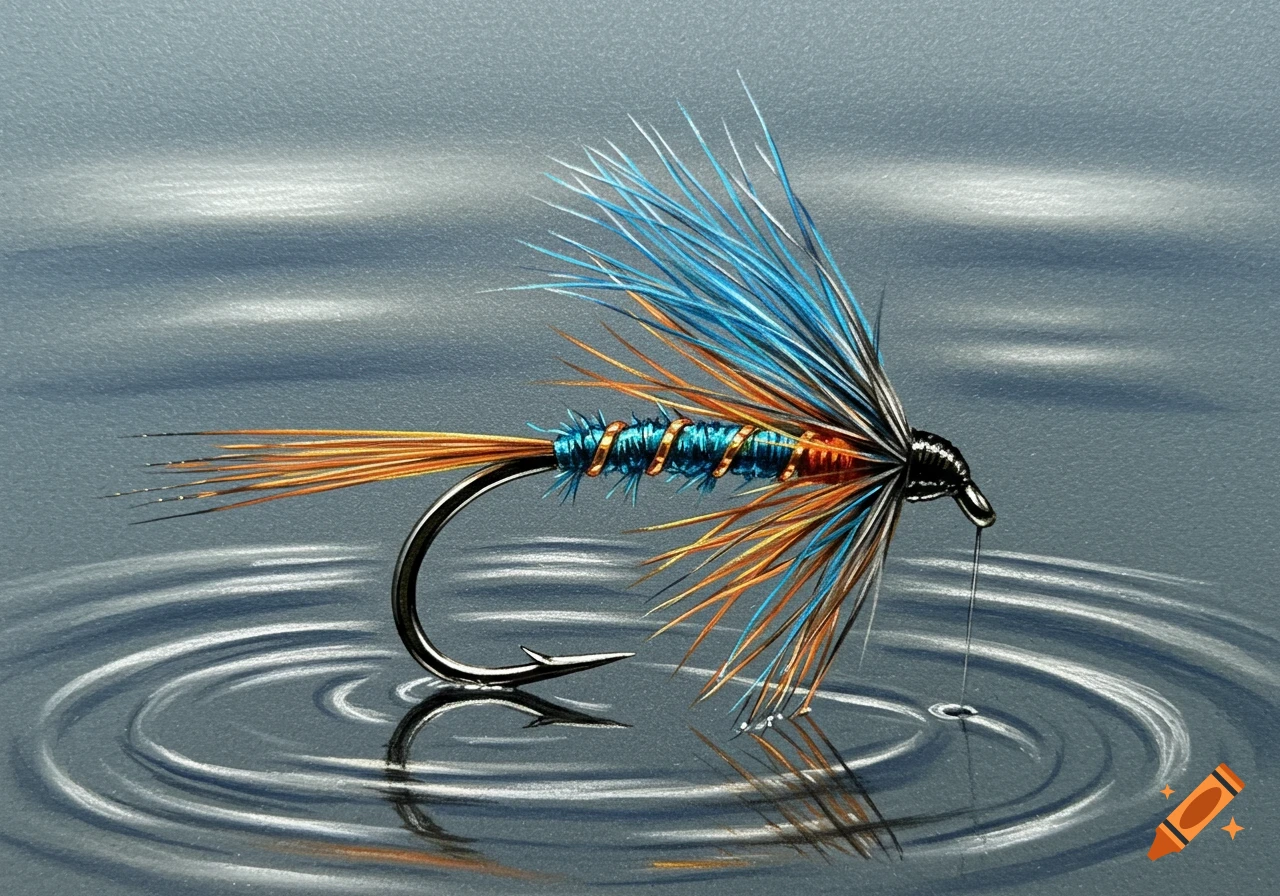 A detailed drawing of a vibrant blue and orange fishing fly hook with a copper-wrapped body, resting on a rippled water surface.