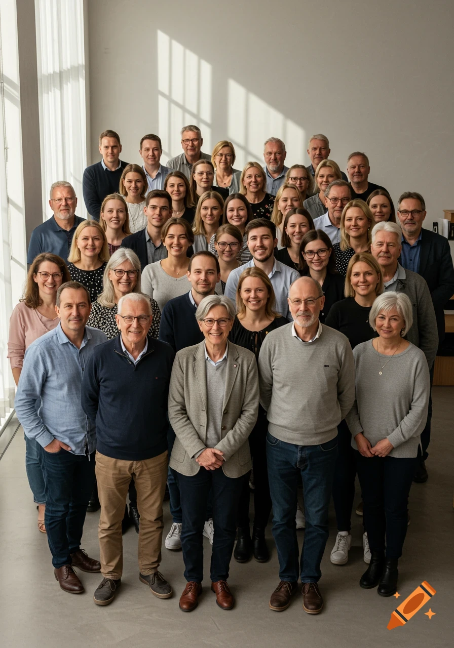 Photorealistic group portrait of diverse adults smiling and looking at the camera in a bright, modern room.