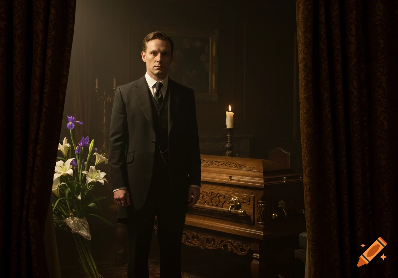 A man in a dark suit stands solemnly beside an ornate wooden coffin, with white lilies, purple irises, and a lit candle in a dimly lit room.