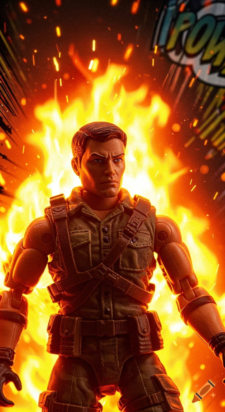 A G.I. Joe-like action figure stands against a backdrop of intense flames and a comic book 'POW!' bubble.