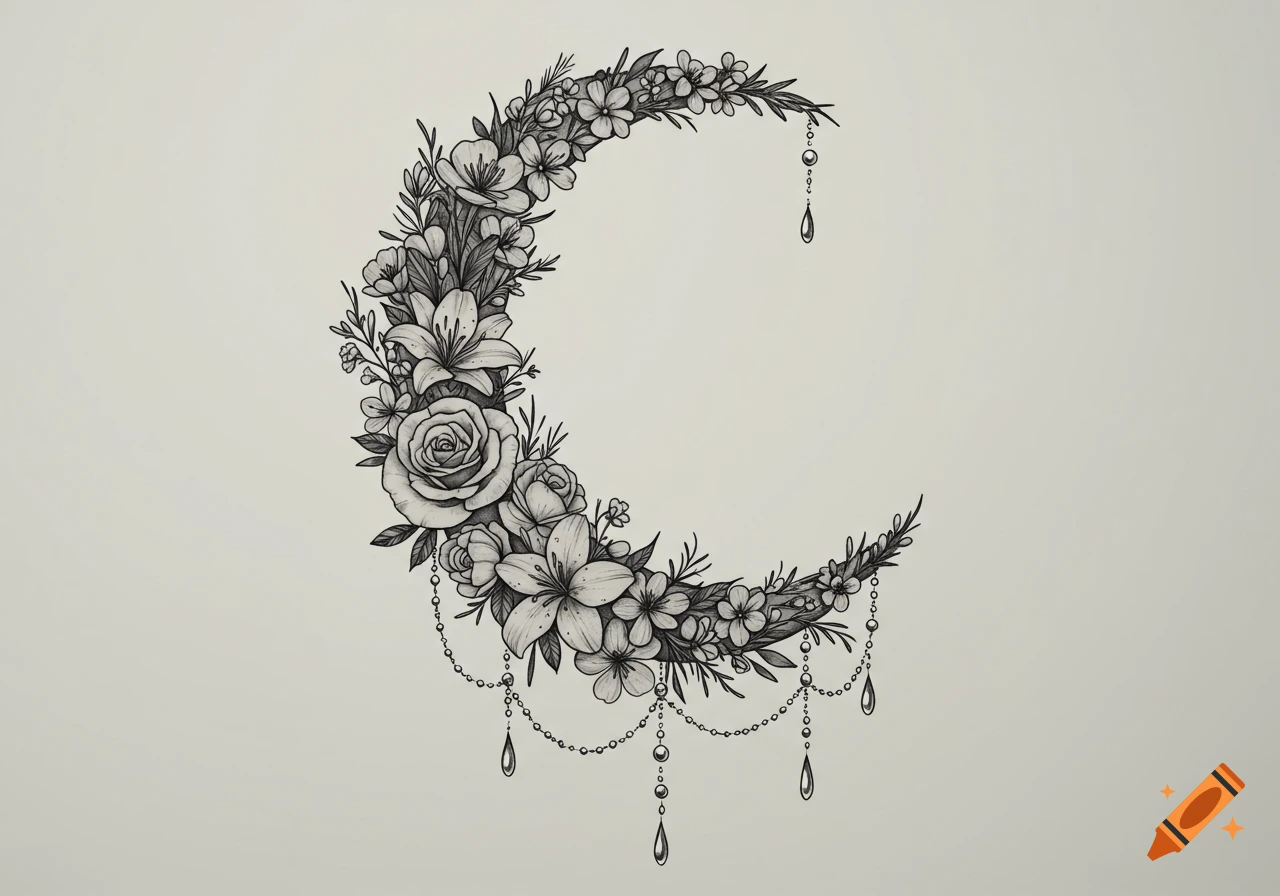 Black and white line art of a crescent moon formed by various flowers and leaves, adorned with delicate beaded chains and teardrop accents.
