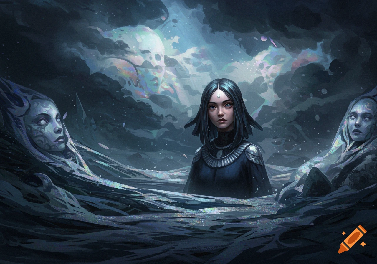 A dark fantasy digital painting featuring a woman in a dark robe partially submerged in water, surrounded by ethereal figures.
