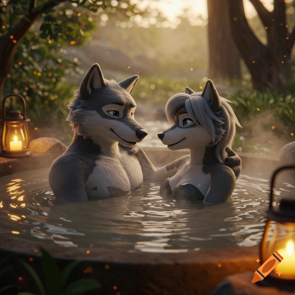 Two anthropomorphic wolves, a male and female, relax happily in a steamy outdoor hot tub surrounded by lanterns, in a 3D animation style.
