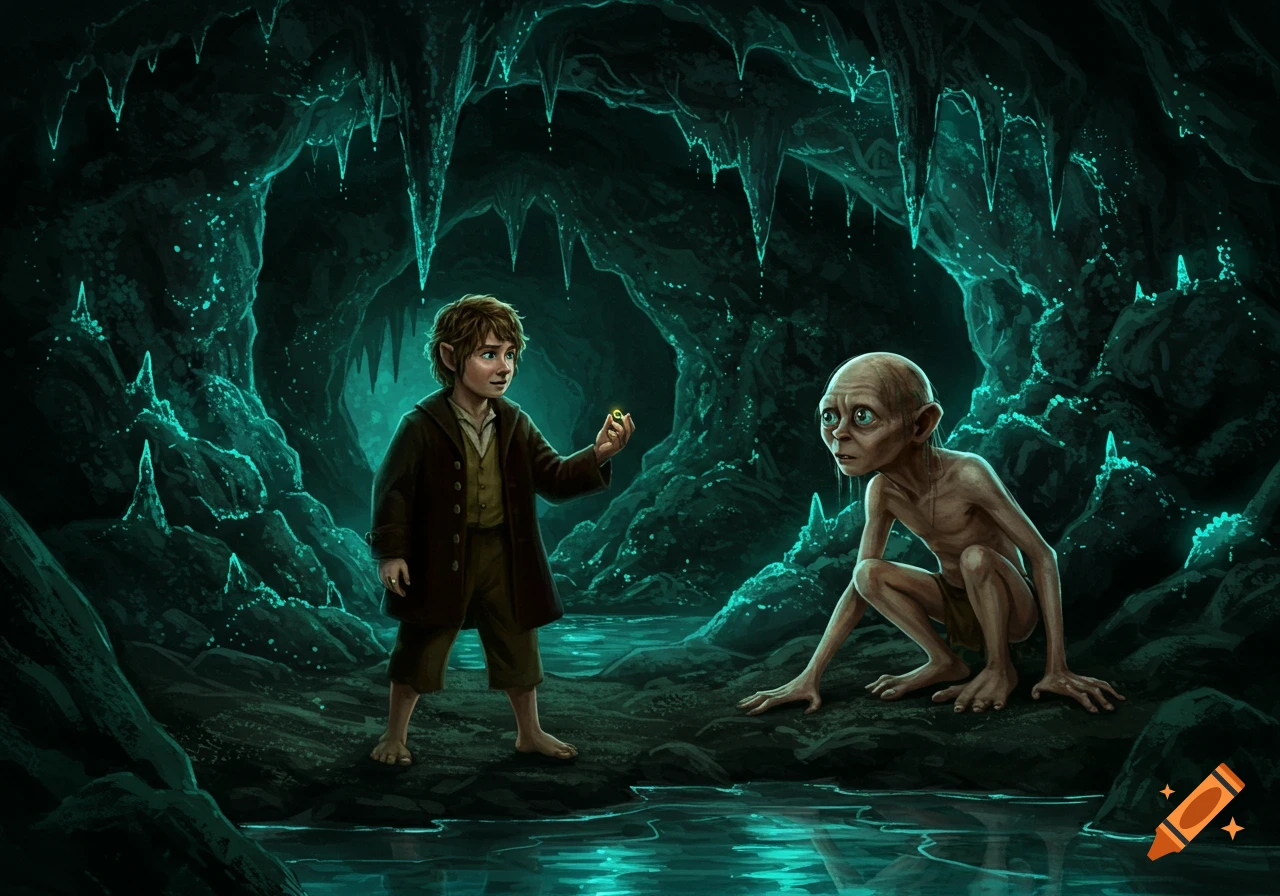 Bilbo Baggins holds the glowing One Ring, facing Gollum in a dark, teal-lit cave with stalactites and water.