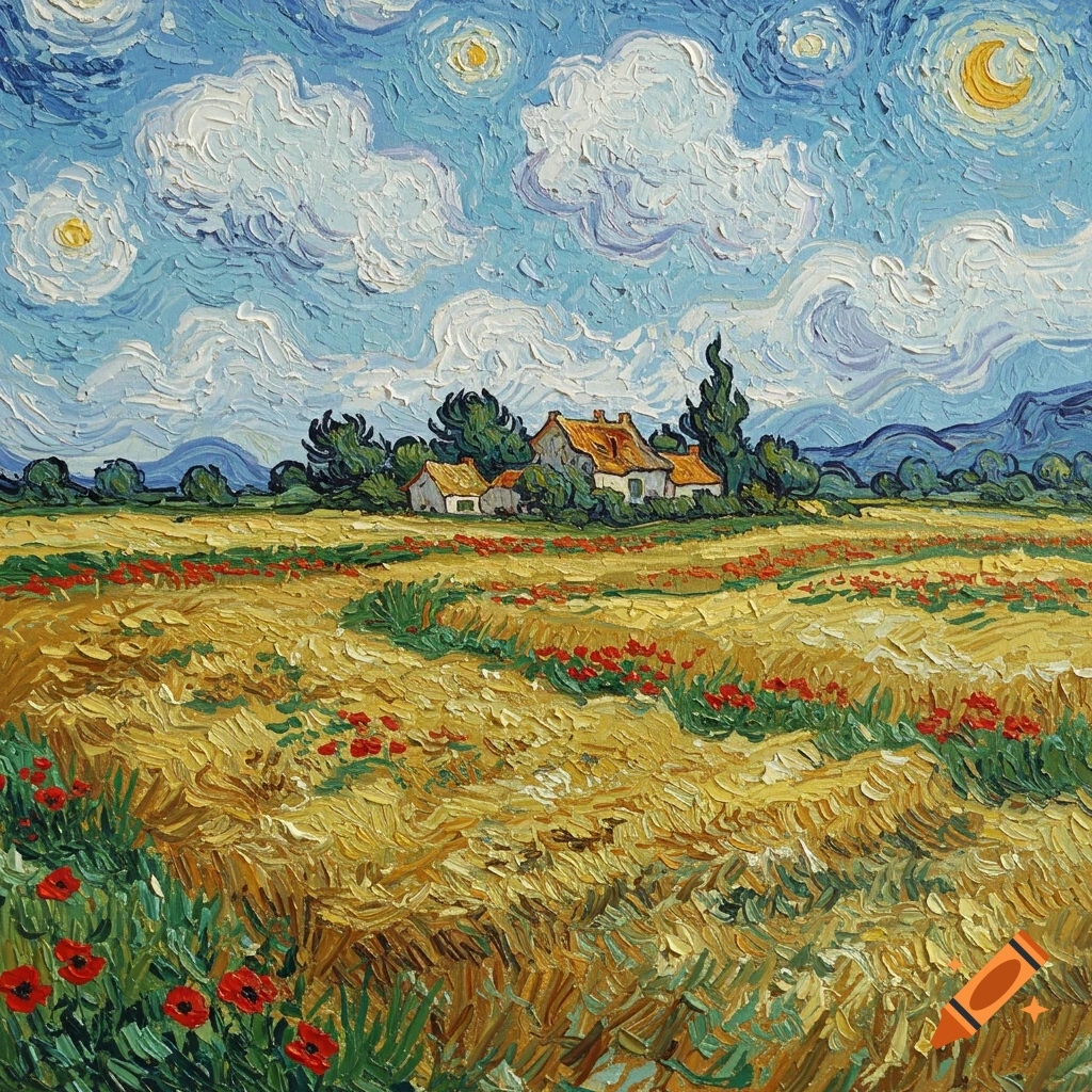Impasto painting of a golden wheat field with red poppies, houses, and trees under a blue sky with swirling clouds, in Van Gogh's style.