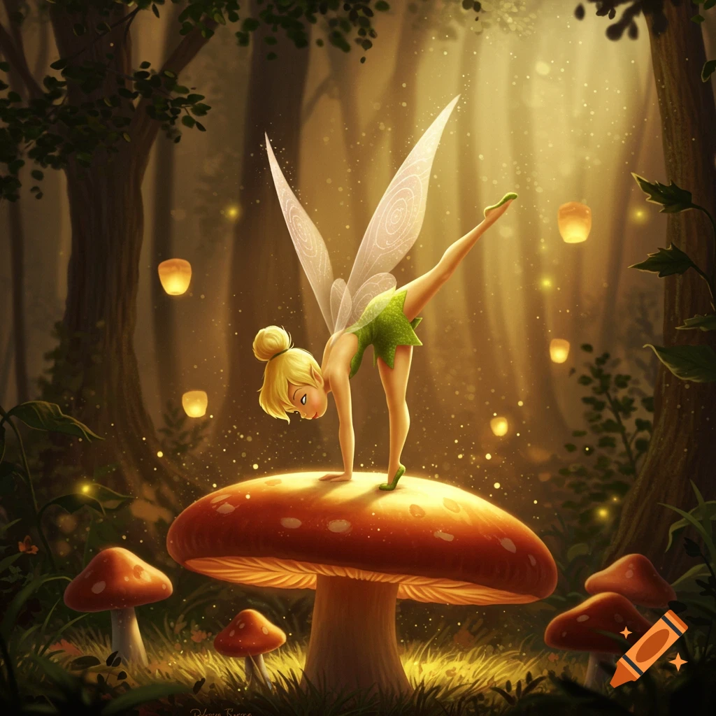 Tinker Bell in a green dress doing a handstand on a large red mushroom in a magical, glowing forest.