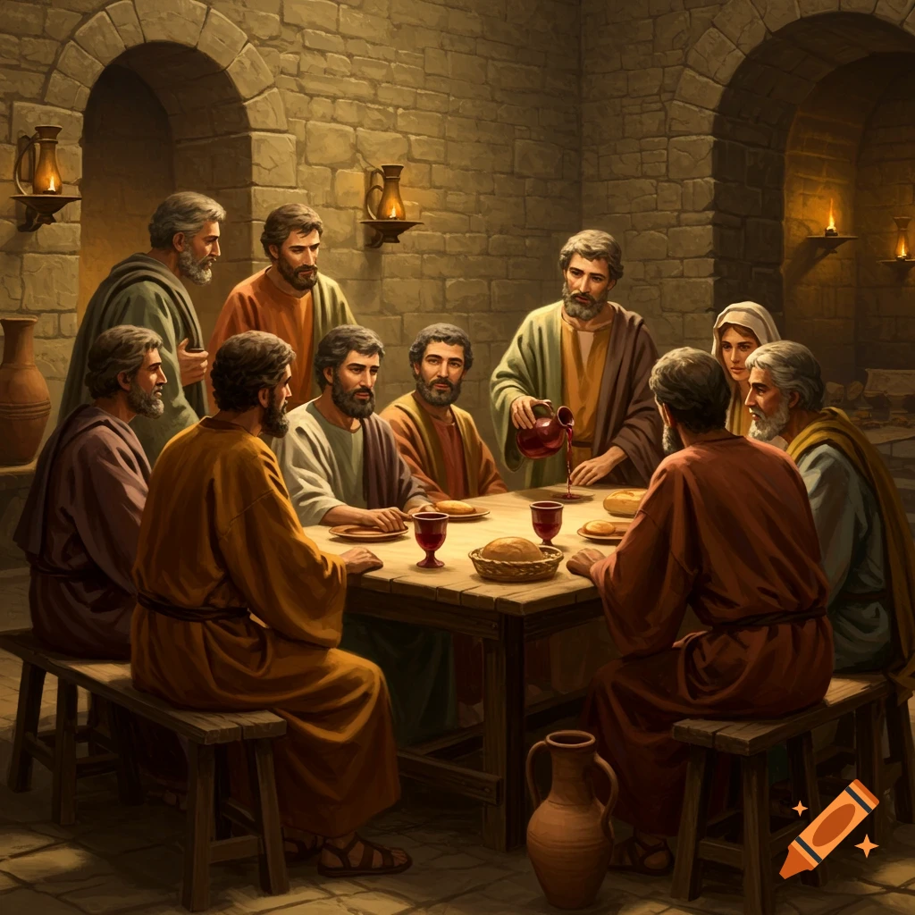 A group of ancient men and one woman in robes gather around a table for a meal in a stone-walled room, resembling a biblical scene.
