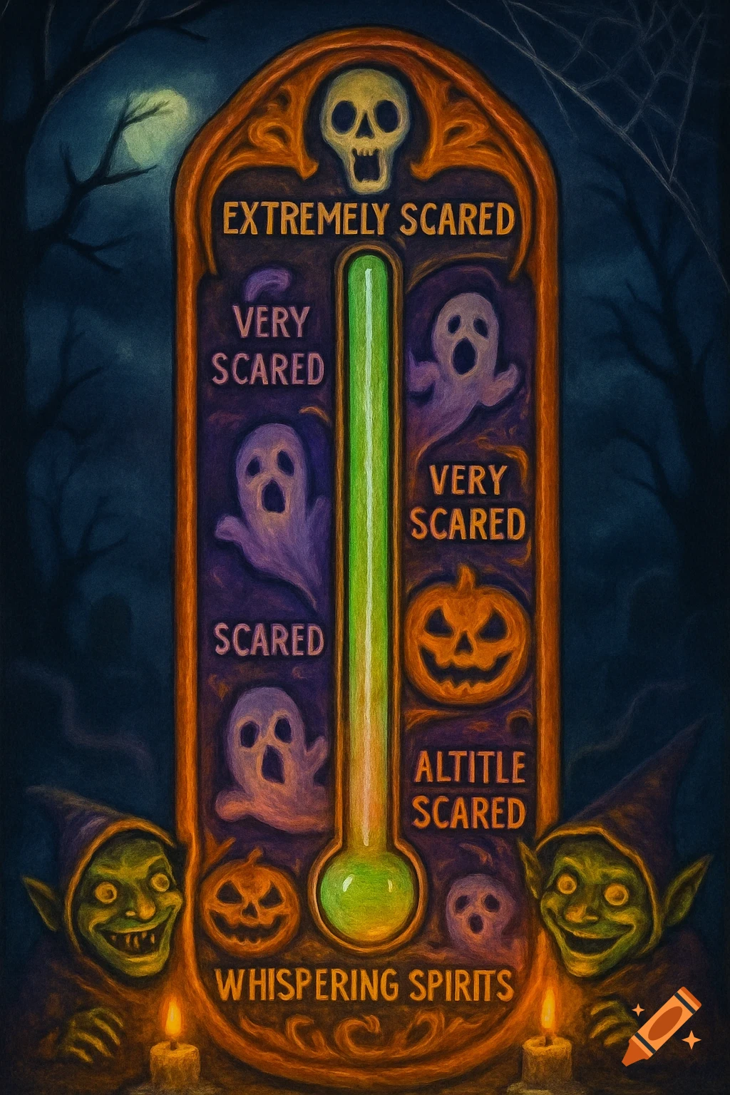 A spooky Halloween mood thermometer with a skull, ghosts, pumpkins, and goblins. Its scale measures fear from extremely scared down to a little scared.