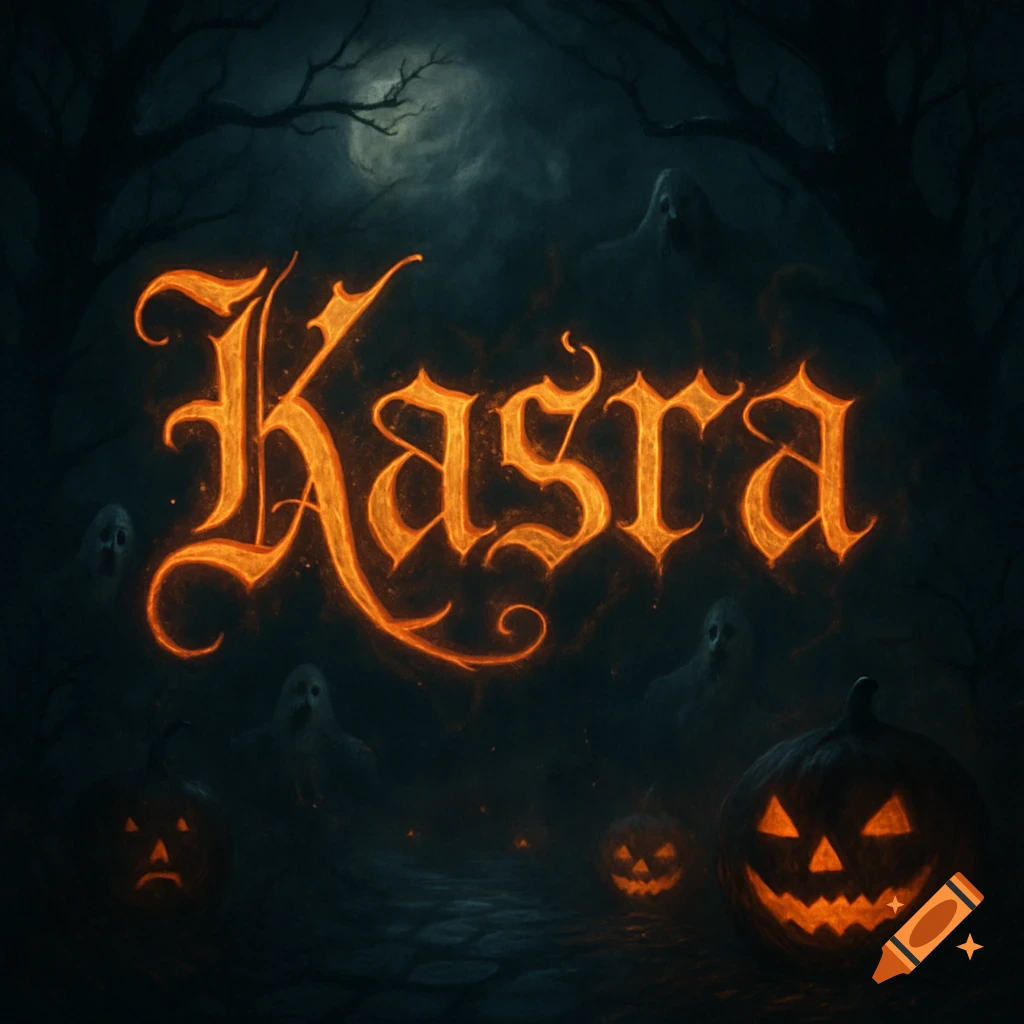 Glowing orange text 'Kasra' in a spooky font against a dark Halloween background with trees, ghosts, and illuminated jack-o'-lanterns.