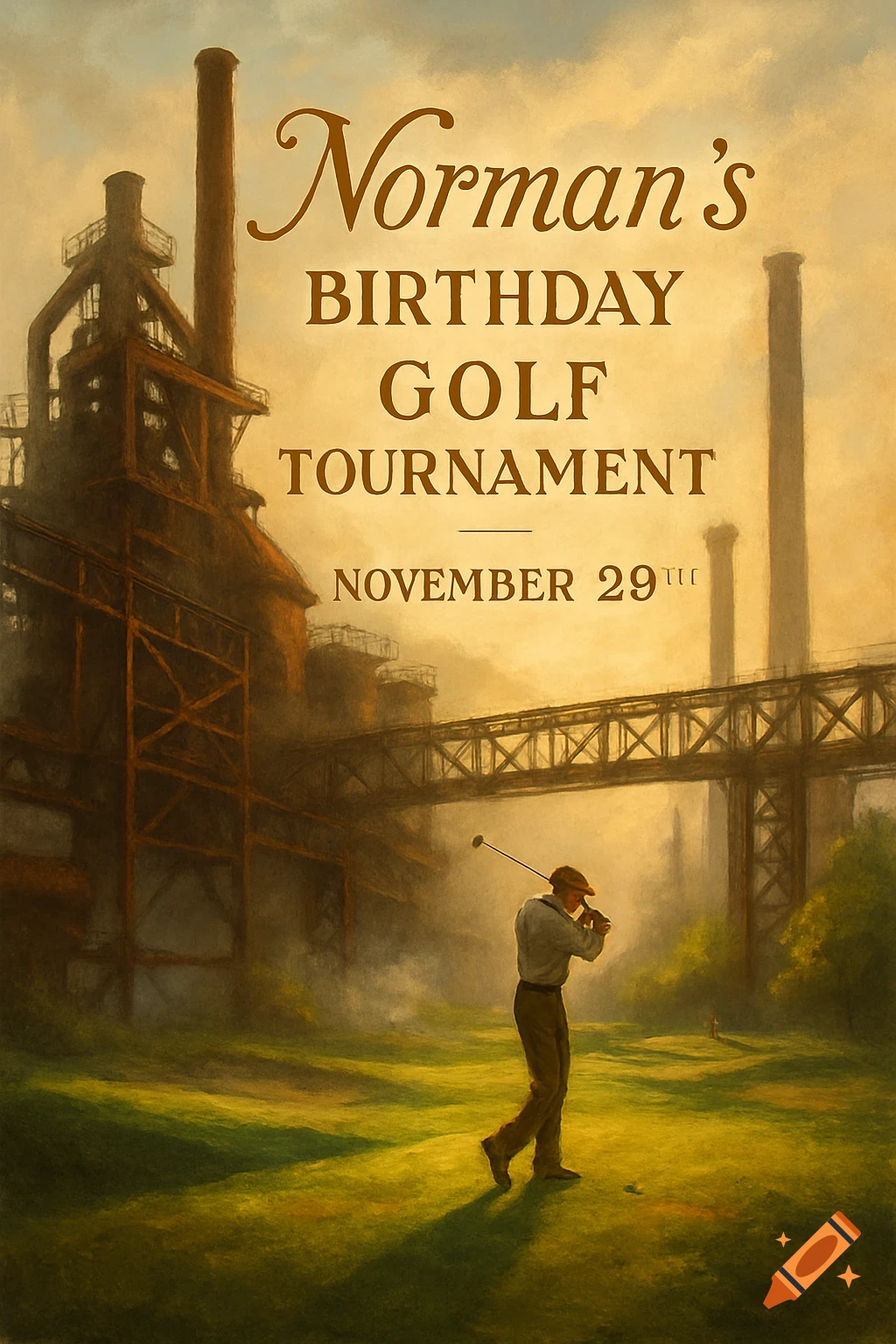 A man in a cap and collared shirt swings a golf club on a green course, with a large, rusty industrial complex and smokestacks in the hazy background, under a warm sky. Text overlay reads "Norman's BIRTHDAY GOLF TOURNAMENT NOVEMBER 29ᵀᵀ".