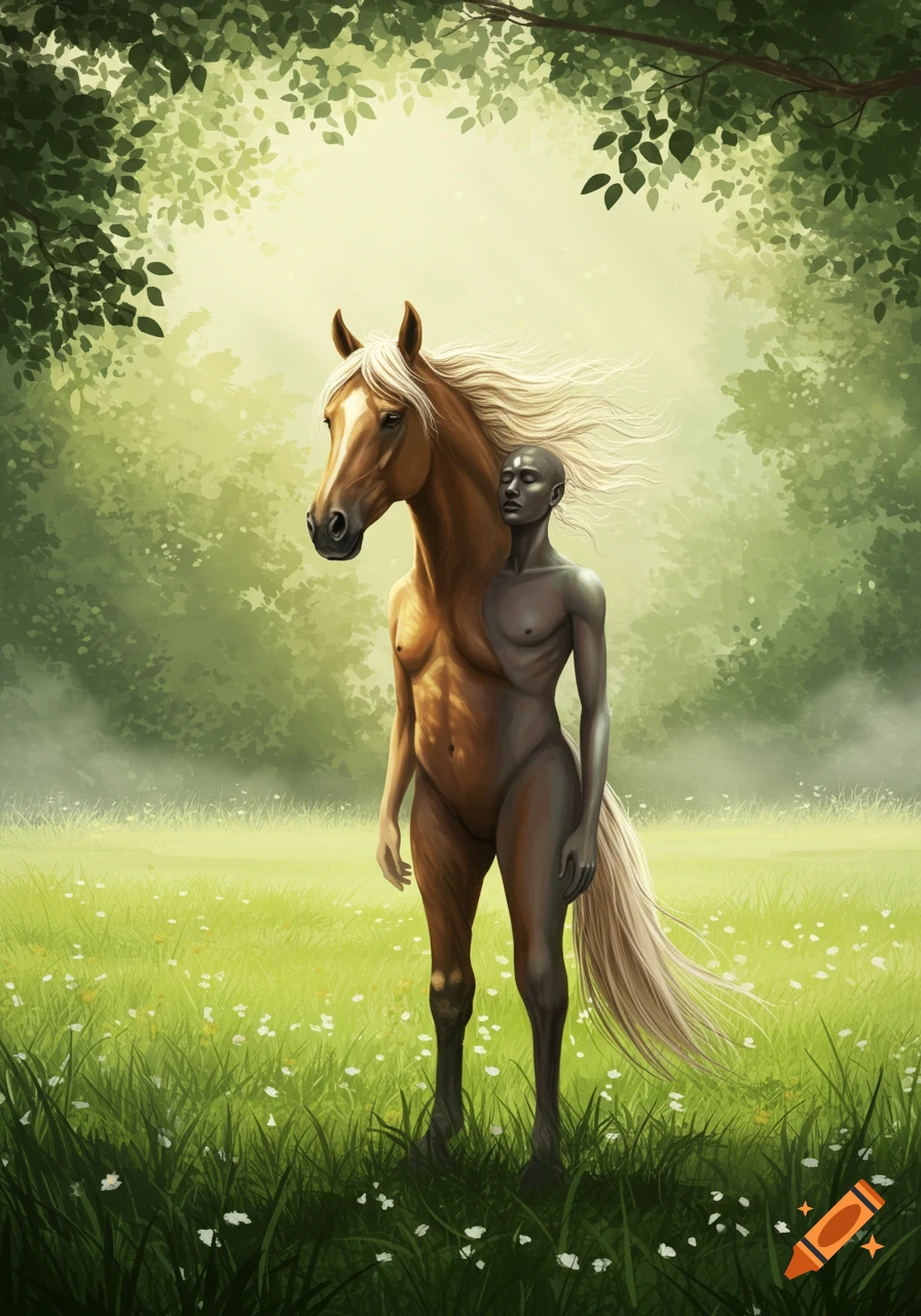 A unique human-horse hybrid creature stands in a lush green field under a canopy of leaves, in a painted style.