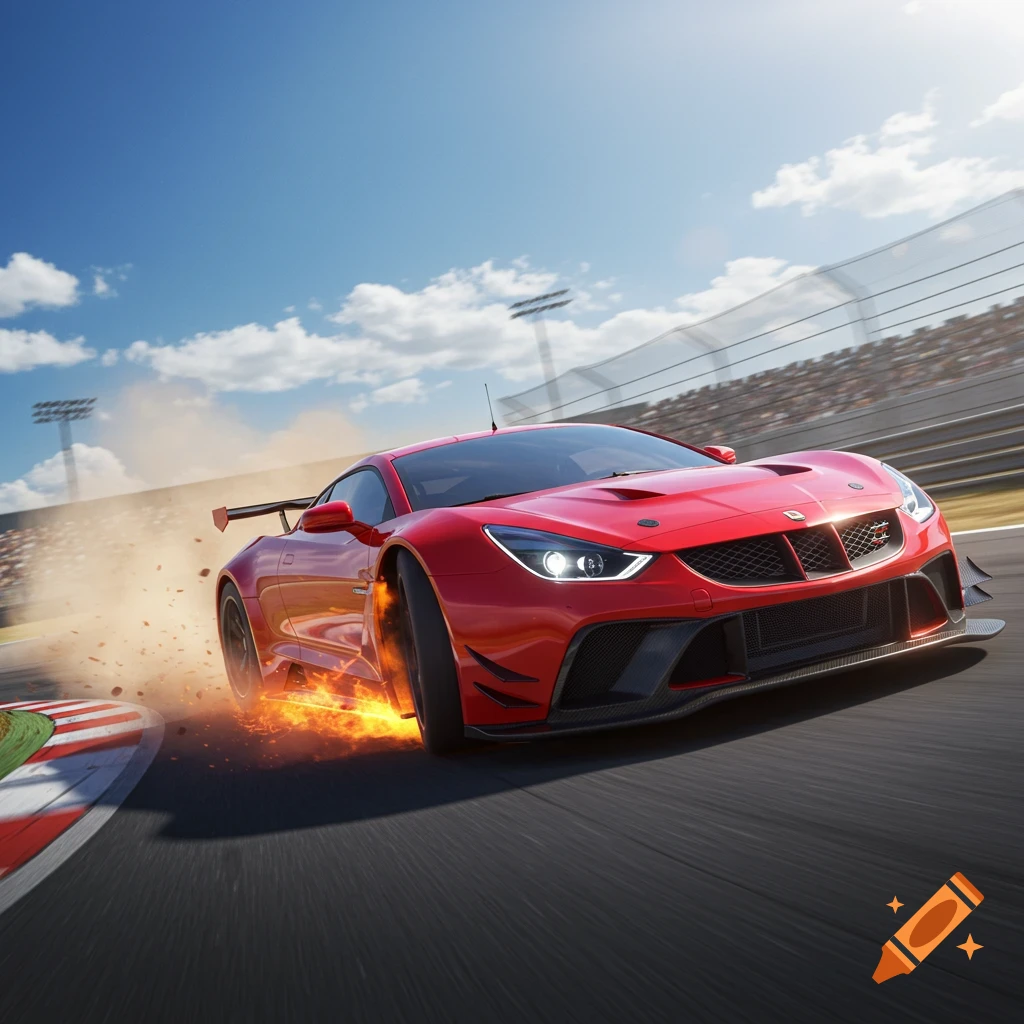 A vibrant red race car speeds around a turn on a track, with fiery ...