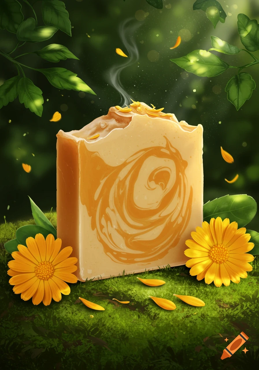 A creamy yellow soap bar with an orange swirl, topped with petals, sits on mossy ground with calendula flowers and green leaves in a vibrant illustration.
