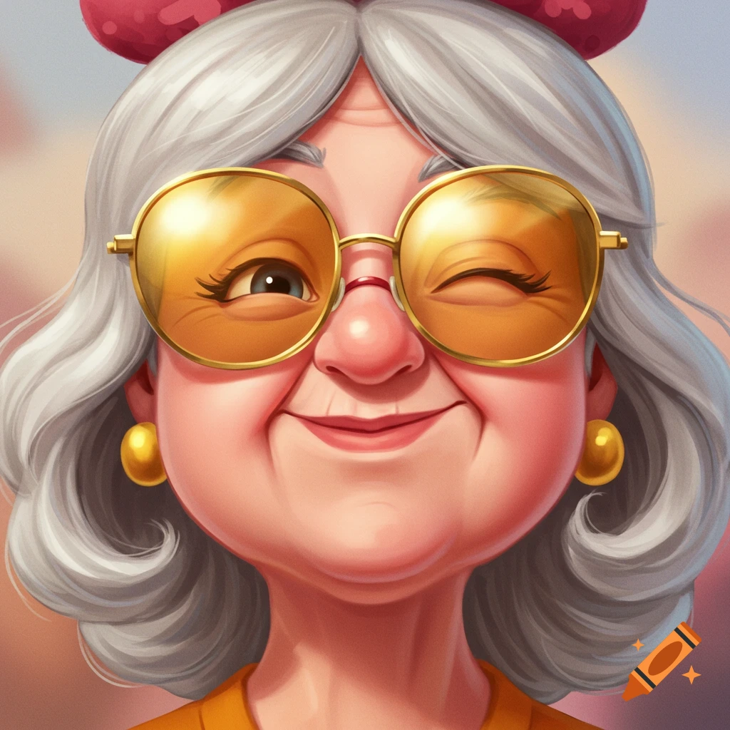 Cartoon portrait of a smiling elderly woman with grey hair, golden sunglasses, and gold earrings, winking.