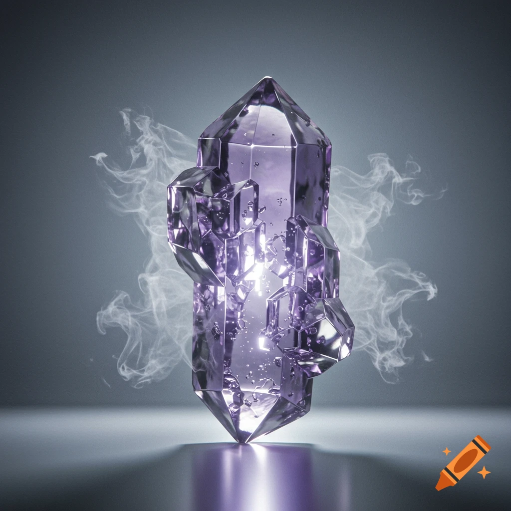 A glowing purple crystal with facets stands upright on a reflective surface, surrounded by swirling white smoke.