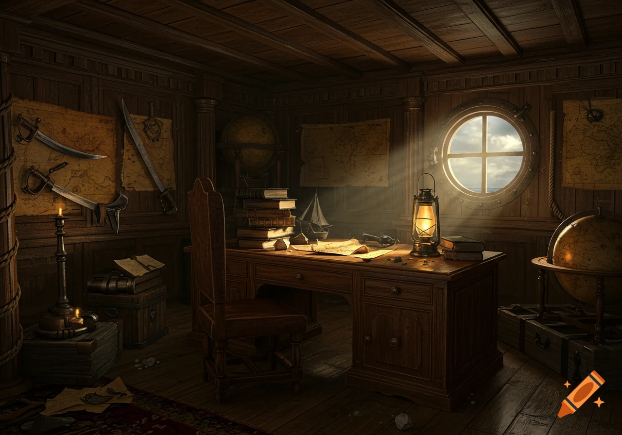 A richly detailed, dimly lit pirate ship cabin with maps, swords, books, globes, a desk, and a lantern by a porthole overlooking the sea.