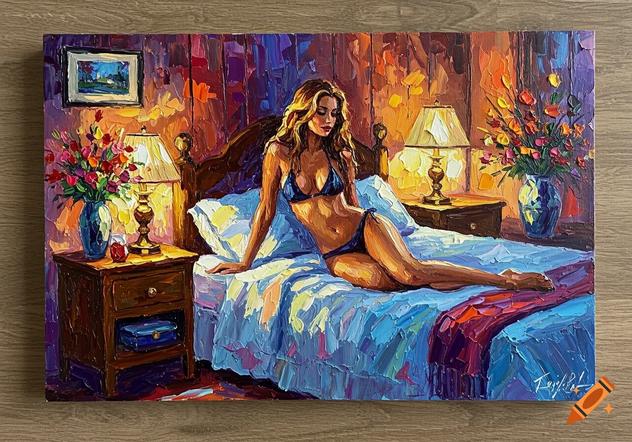 Impasto painting of a woman in a blue bikini lying on a bed in a warm bedroom with flowers and lamps.