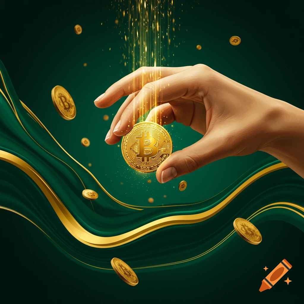 A hand holds a glowing gold Bitcoin coin as more coins float on a dark green background with gold ribbons and light trails.