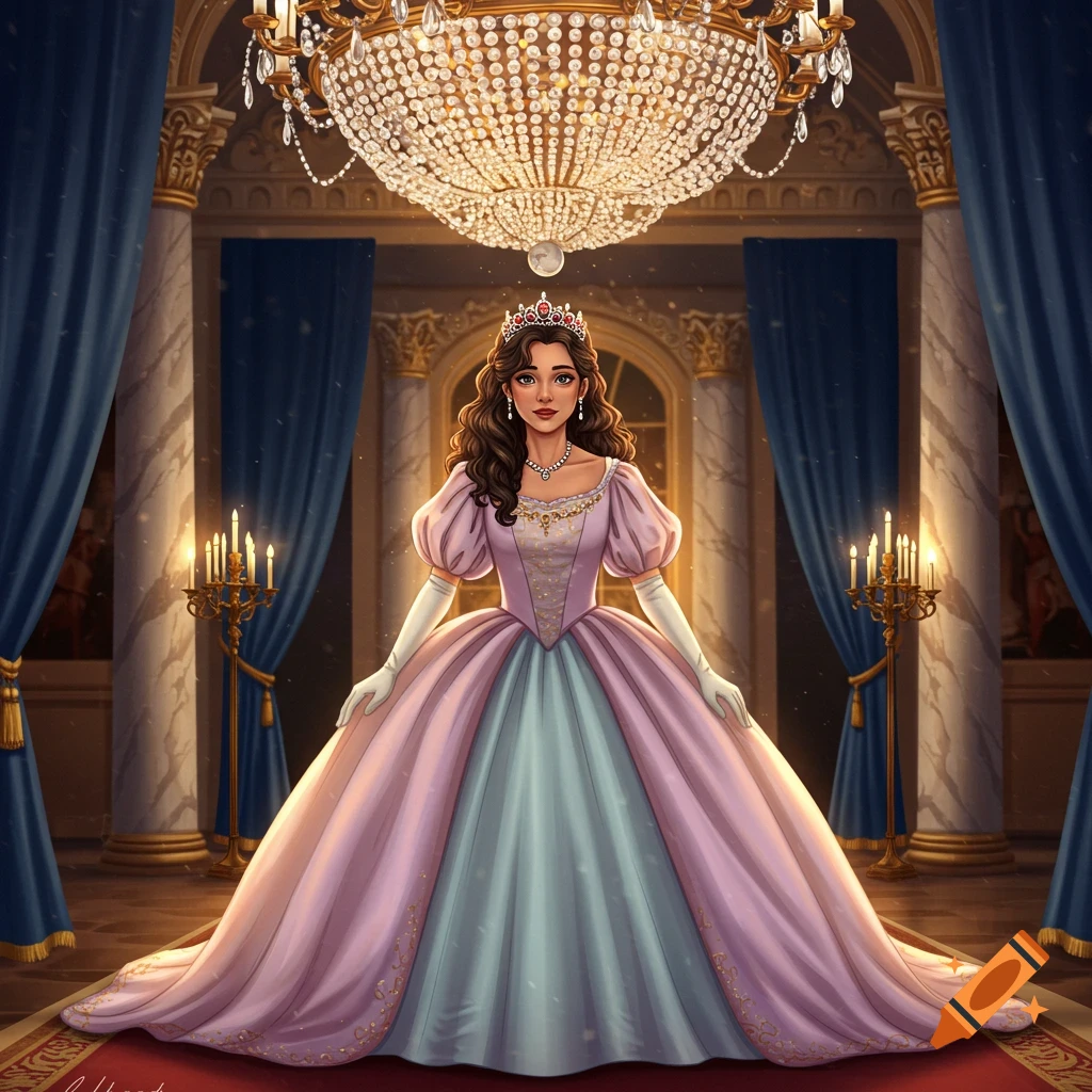 An illustrated princess with long brown hair, wearing a pink and blue ball gown, white gloves, and a tiara, standing in a grand ballroom with a chandelier.