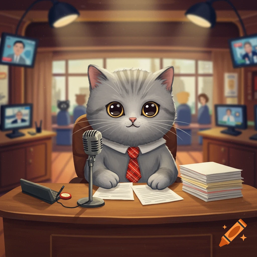 Cute cartoon cat news anchor with big eyes at a desk with a microphone and papers in an office.