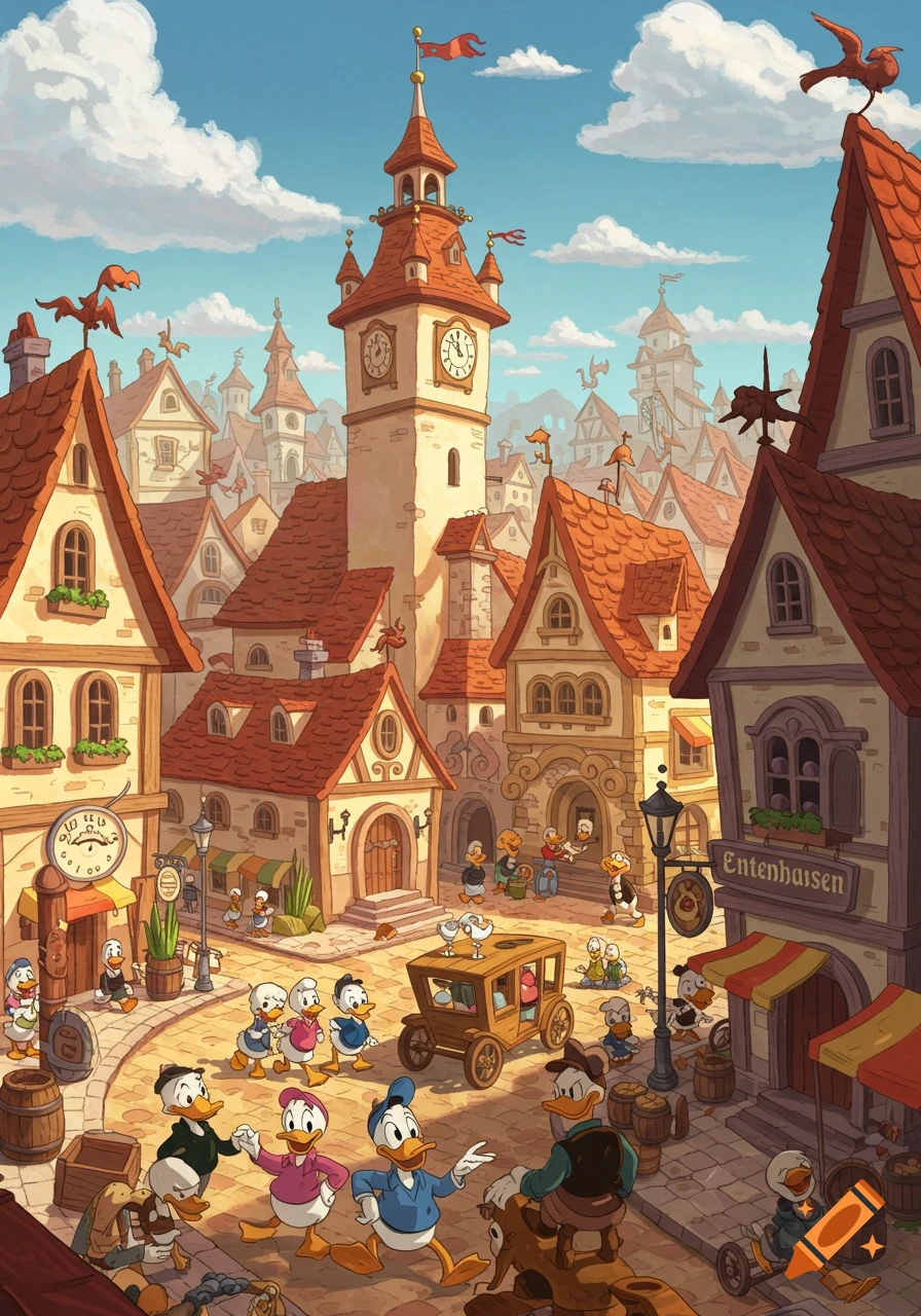 A vibrant cartoon illustration of a bustling town with red-roofed buildings, a clock tower, and numerous duck characters walking through the streets.