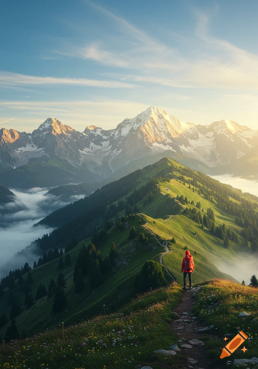 A hiker in a red jacket stands on a winding trail along a green mountain ridge, overlooking majestic snow-capped peaks and misty valleys.