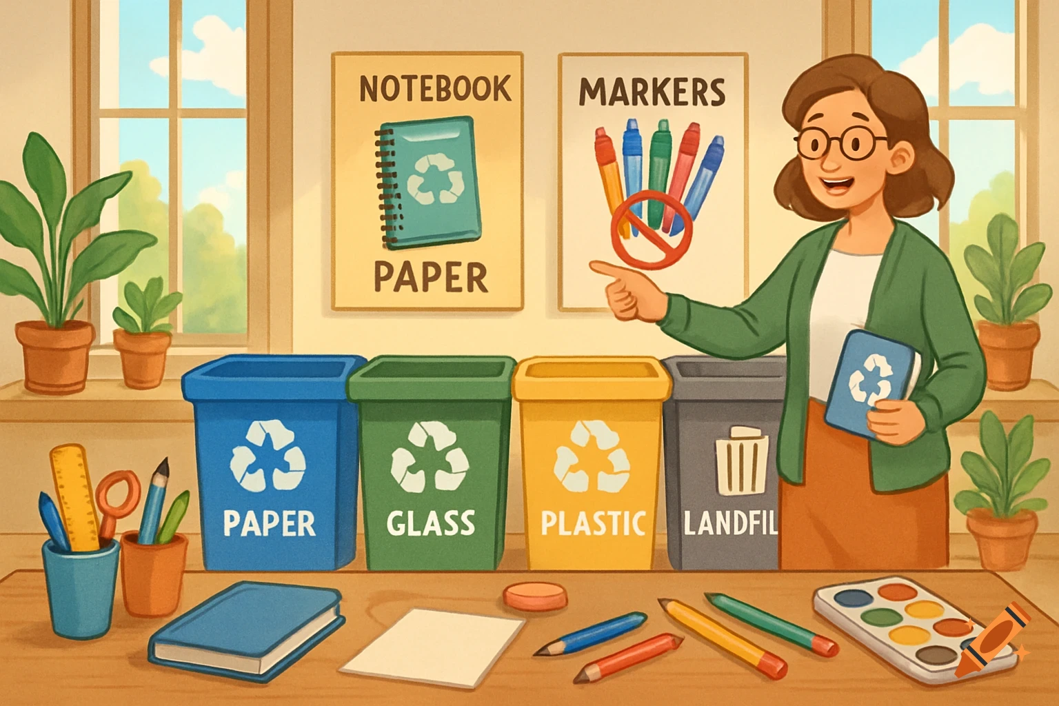 Cartoon of a teacher explaining recycling with labeled bins for paper, glass, plastic, and landfill in a classroom.