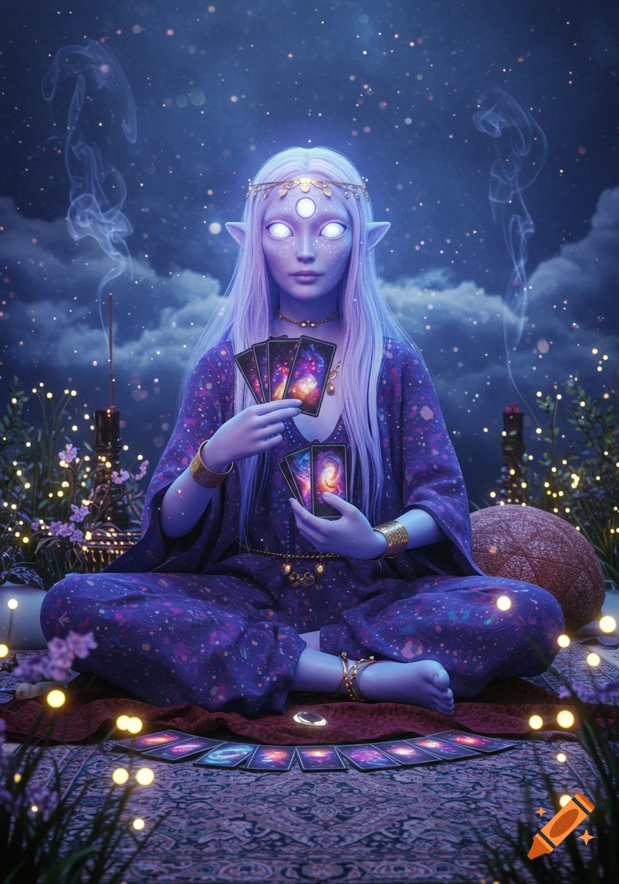 A blue-skinned, white-haired alien or elf woman with three glowing eyes sits cross-legged, holding and surrounded by glowing tarot cards under a starry night sky.