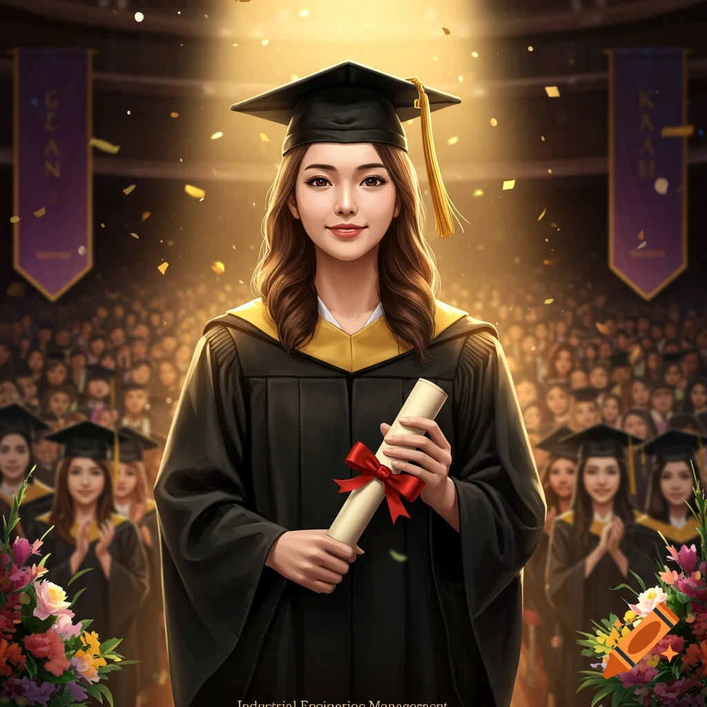 A young female graduate in a black cap and gown, holding a diploma, smiles at the camera with a cheering crowd in a hall. Photorealistic.