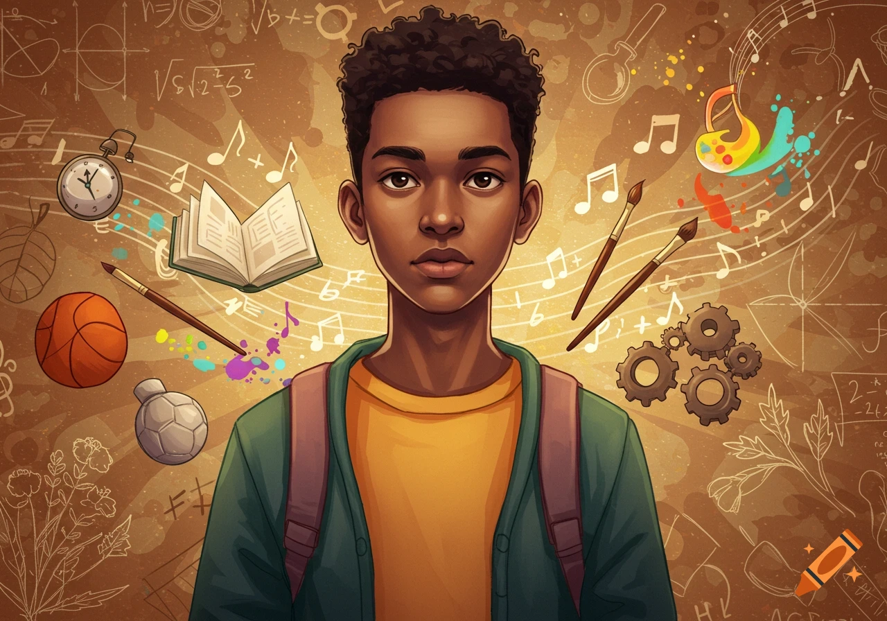 An illustration of a young Black boy with a backpack, surrounded by symbols of various talents like math, music, art, science, and sports on a warm brown background.