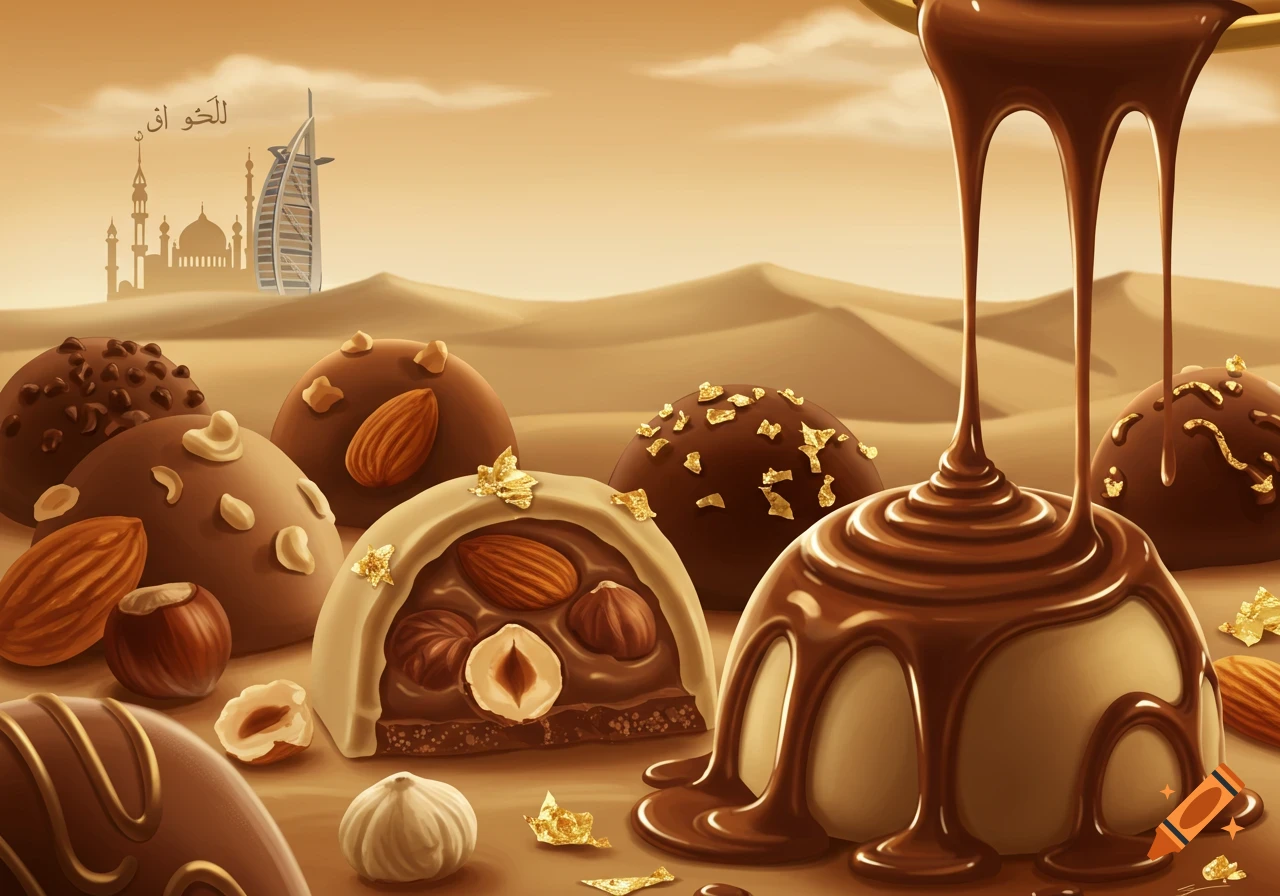 Decadent chocolates and nuts in a desert landscape with Dubai landmarks, with melted chocolate pouring over a truffle.