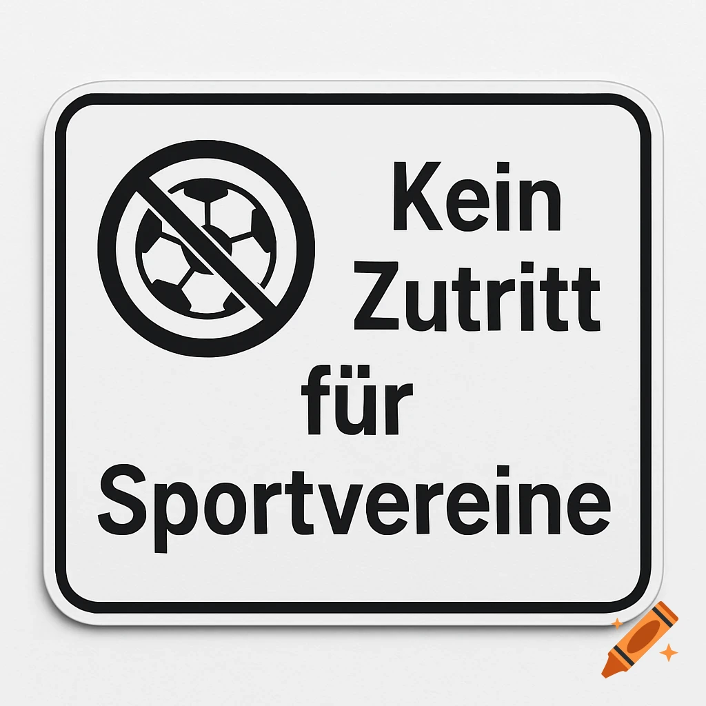 A white warning sign with a black border, showing a crossed-out soccer ball symbol and German text 'Kein Zutritt f G HIS SPORTVEREINE' (No entry for sports clubs).