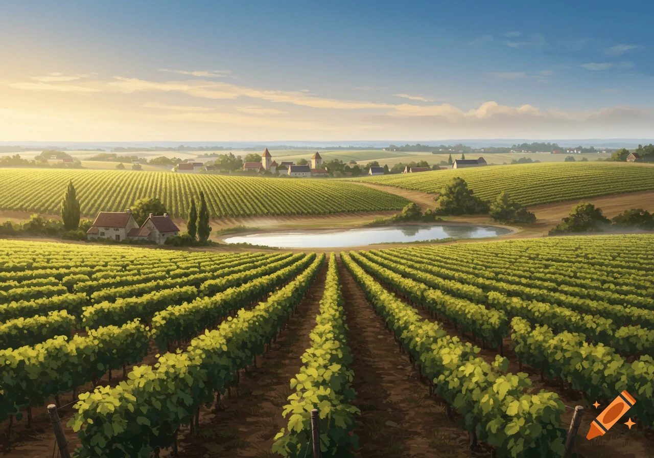 A serene landscape view of rolling vineyards stretching into the distance towards a quaint village with a pond, under a clear blue sky.