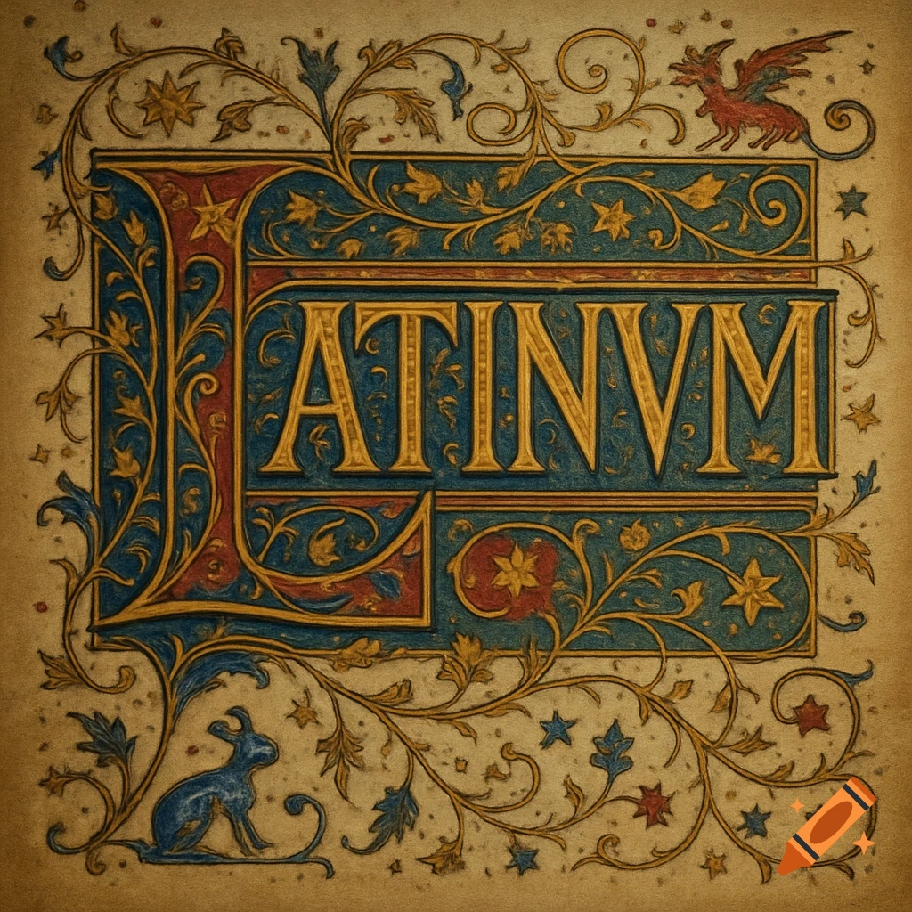 Ornate illuminated manuscript featuring a large initial L and the word LATINVM in gold, surrounded by medieval floral designs, a dragon, and a rabbit.