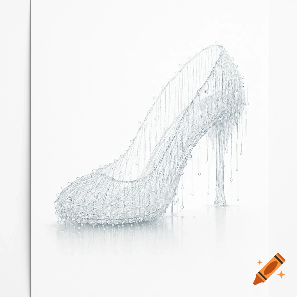 A high-heeled shoe formed from clear water droplets and flowing streams, against a pure white background.