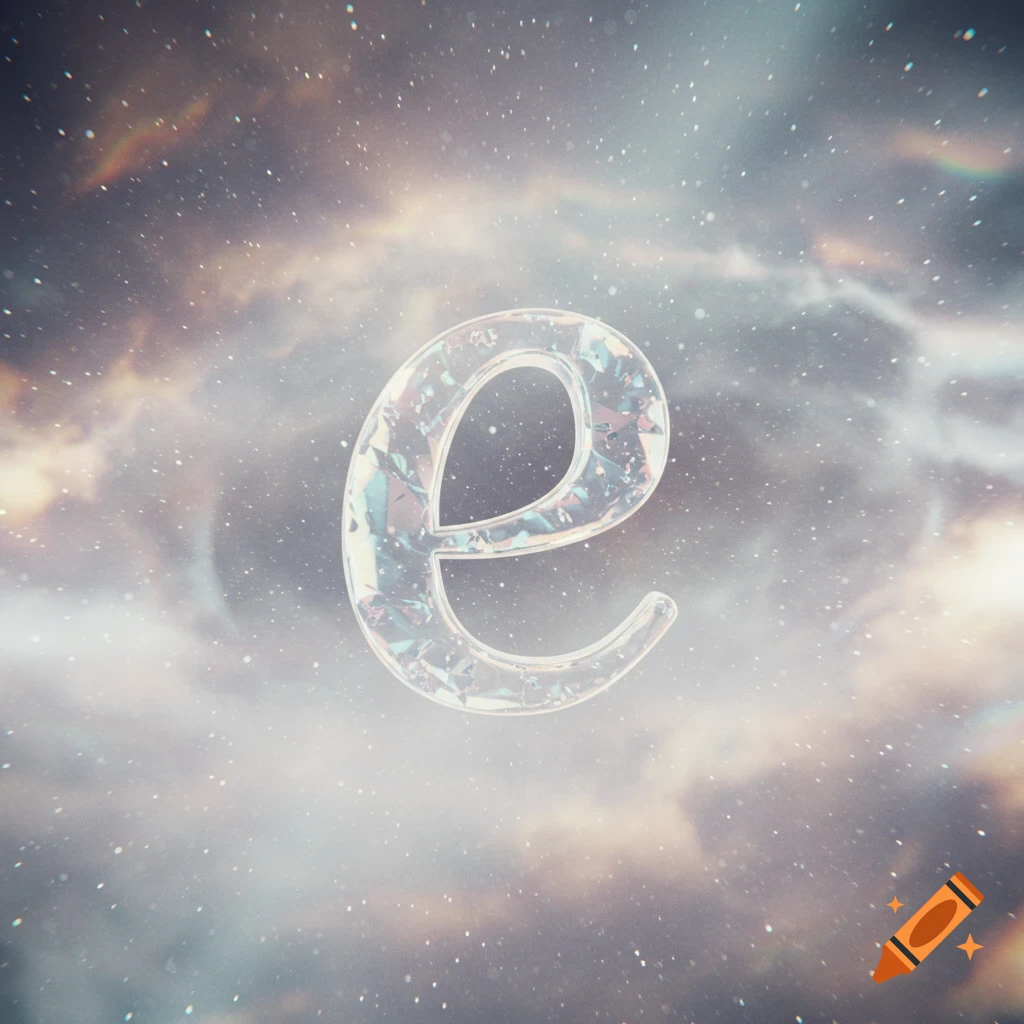 A translucent, faceted lowercase letter 'e' floats in a cloudy, starry cosmic sky.