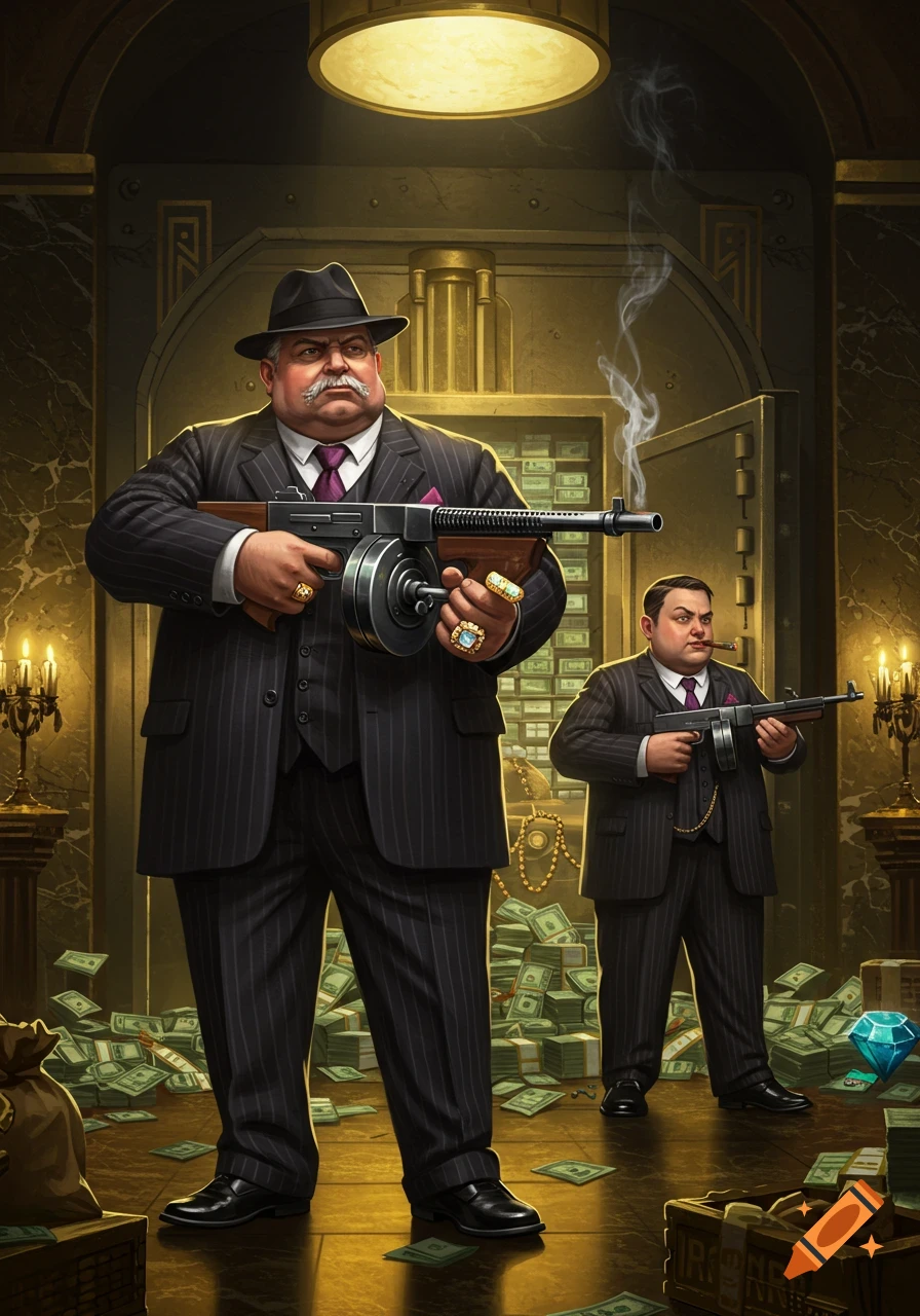 Two stylized mobsters, one older and one younger, hold tommy guns in front of an open bank vault overflowing with money and jewels.