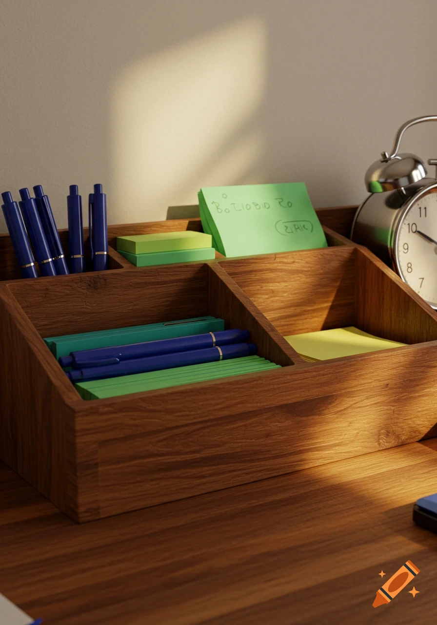 A wooden desk organizer holds blue pens, green and yellow sticky notes, and an alarm clock on a desk.