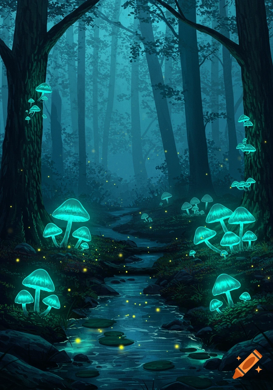 An enchanted forest at night with a stream, surrounded by tall trees and numerous glowing blue mushrooms and fireflies.