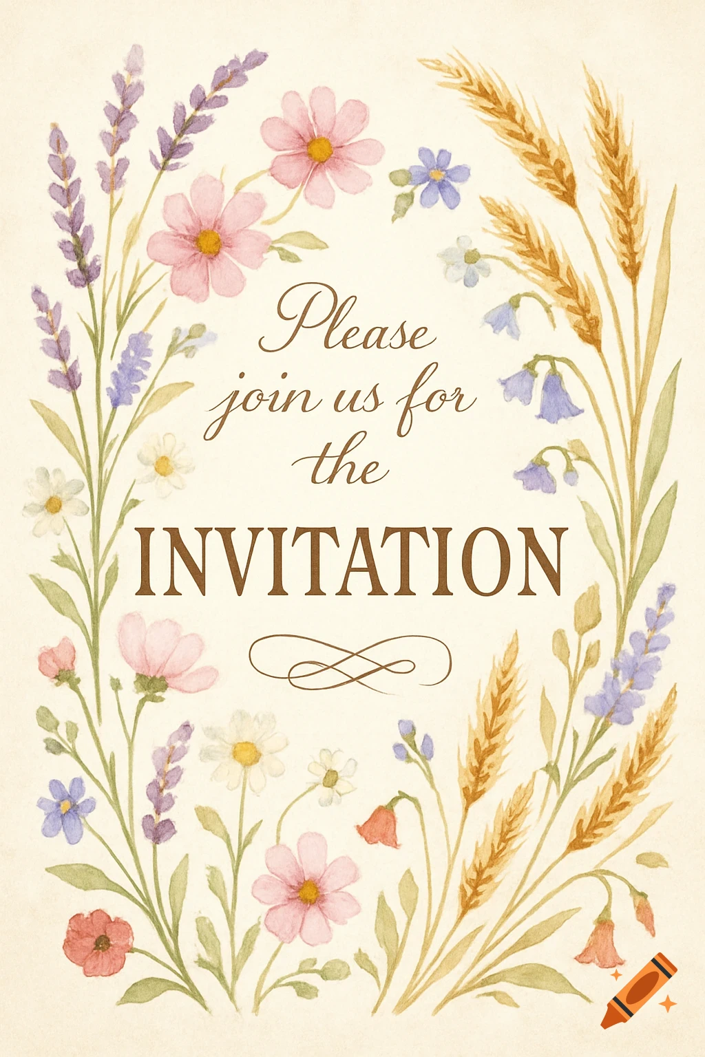 Watercolor invitation card with a border of lavender, pink flowers, and wheat stalks, featuring the text "Please join us for the INVITATION".