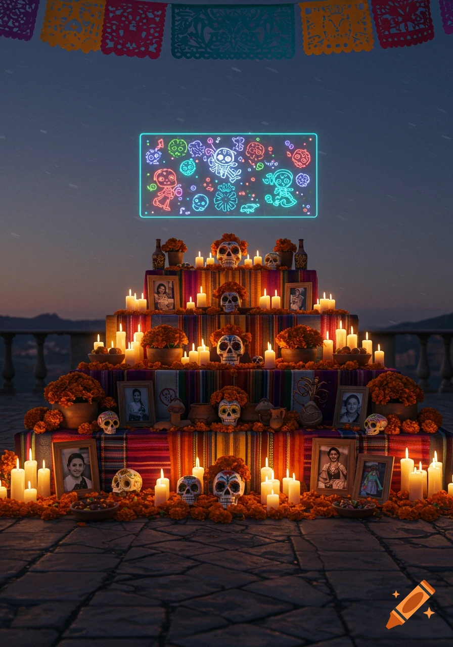 A vibrant, multi-tiered Mexican ofrenda glows with candles, marigolds, sugar skulls, framed photos, and a neon skeleton sign at night.