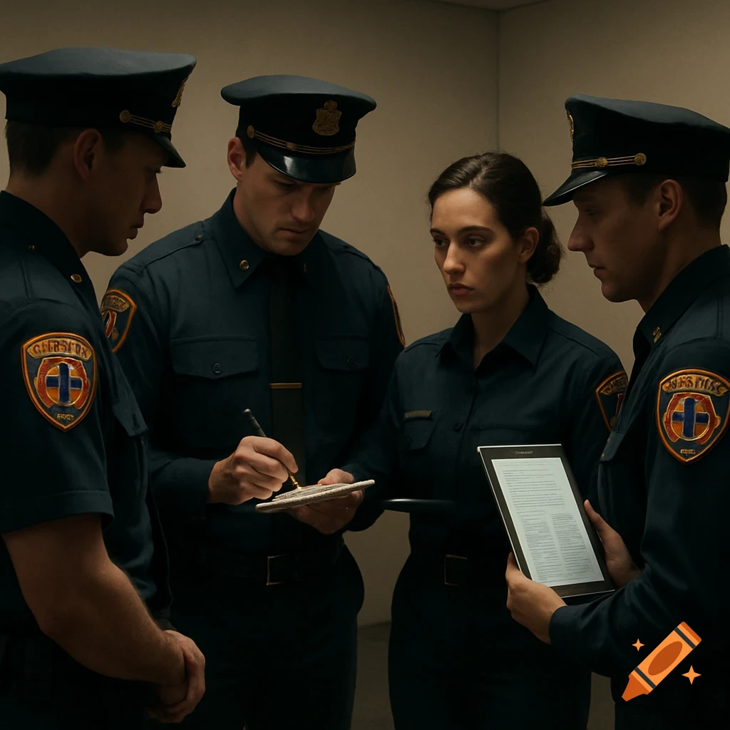 Four individuals in dark blue uniforms, three men and one woman, gather around, looking at a notepad and a digital tablet, in a photorealistic style.