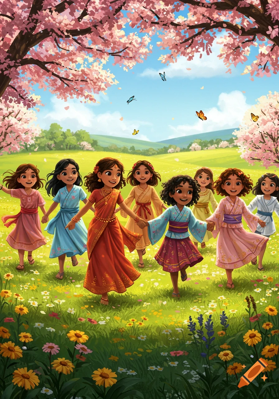An illustration of eight smiling girls in colorful dresses, holding hands and dancing in a vibrant flower-filled field under cherry blossom trees with butterflies.