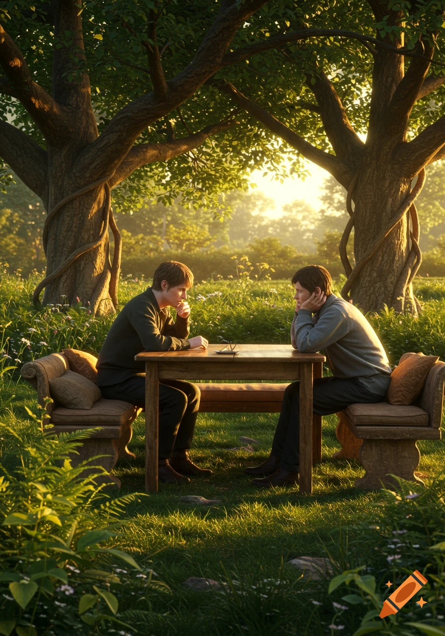 Two men sit at a wooden table under large trees in a sunlit grassy field, engaged in deep conversation, photorealistic.