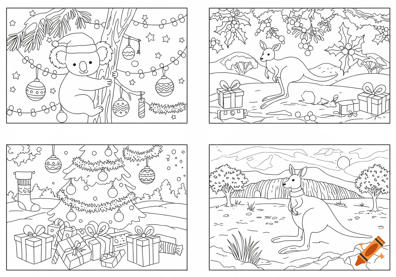 Four black and white Christmas coloring pages featuring a koala, kangaroos, a decorated Christmas tree, and gifts.
