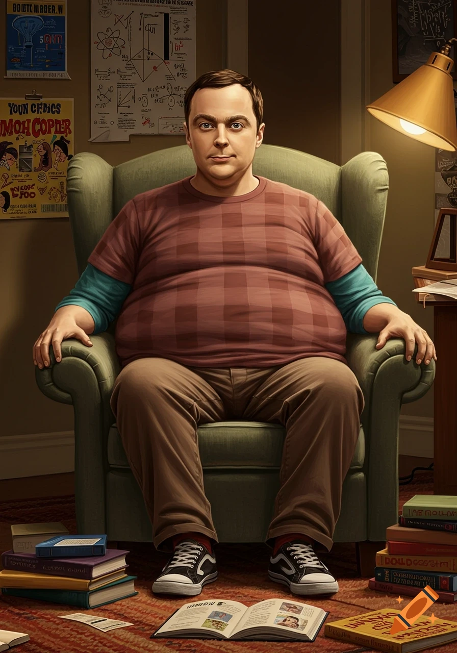An illustrative portrait of a morbidly obese Sheldon Cooper sitting in a green armchair in a room with posters and books.