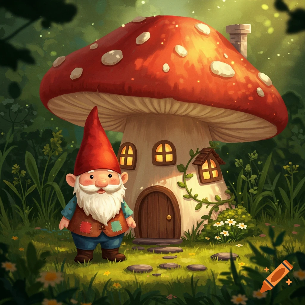 A charming illustrated gnome with a red hat stands before a large, red-capped mushroom house in a magical forest.