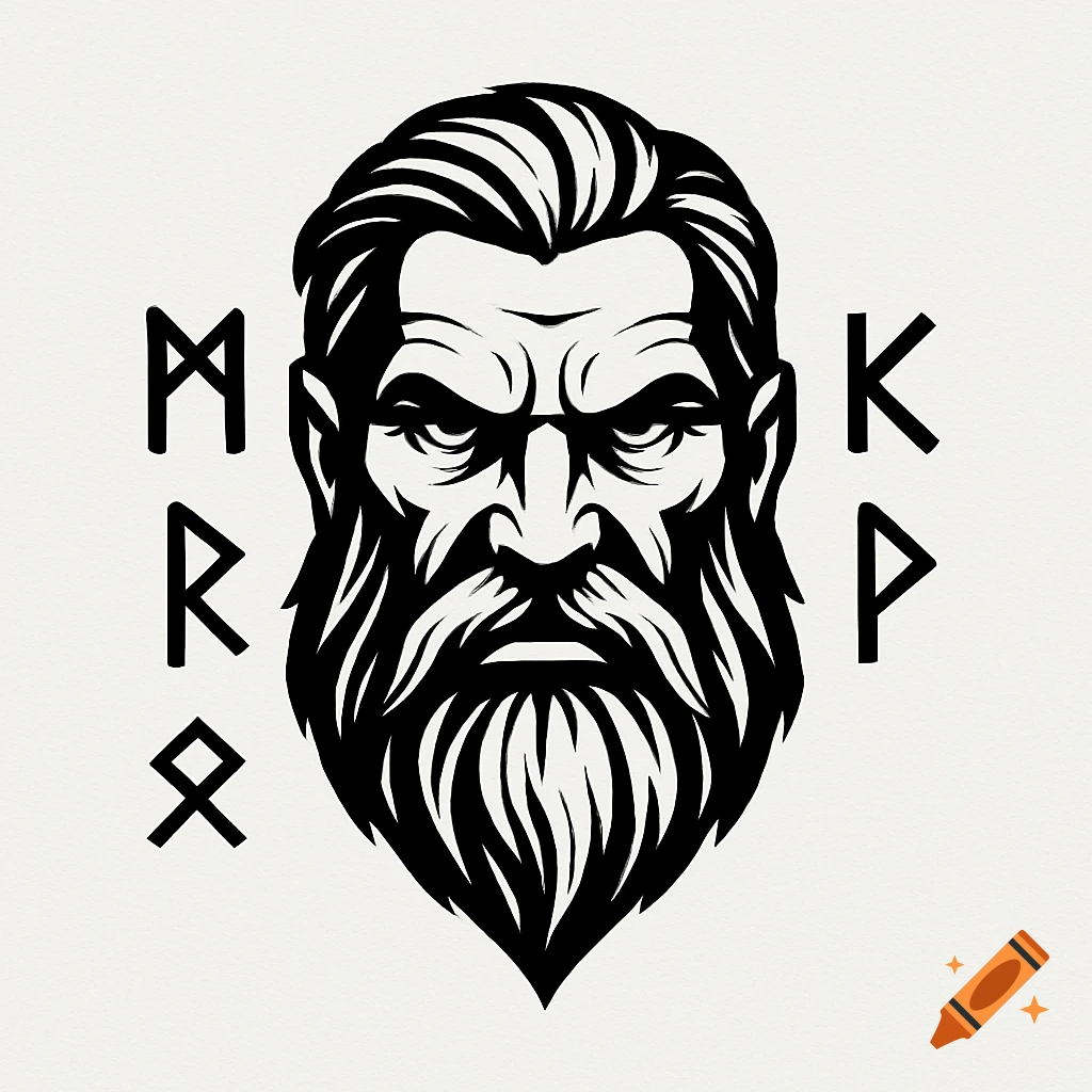 Black and white stylized illustration of a bearded Viking man's head with runic symbols on either side.