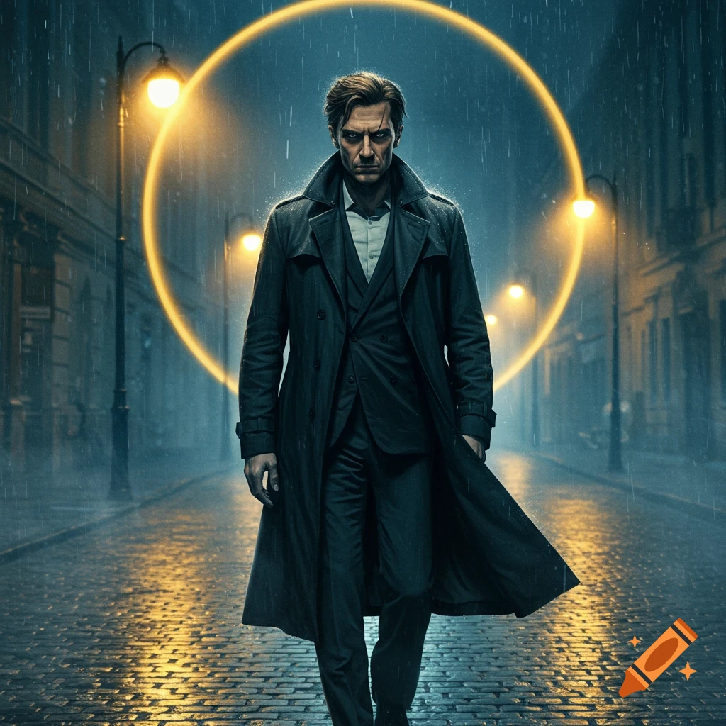 A man in a dark trench coat walks on a rainy cobblestone street at night, with a glowing golden ring behind his head and streetlights illuminating the scene.