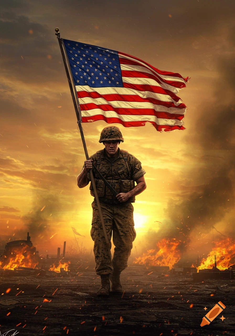 A photorealistic image of an American marine carrying a large American flag through a burning, battle-scarred landscape at sunset.
